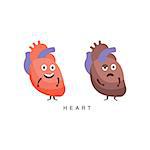 Healthy vs Unhealthy Heart Infographic Illustration.Humanized Human Organs Childish Cartoon Characters On White Background