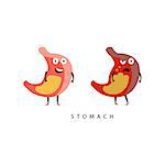 Healthy vs Unhealthy Stomach Infographic Illustration.Humanized Human Organs Childish Cartoon Characters On White Background