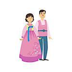 Couple In Korean National Clothes Simple Design Illustration In Cute Fun Cartoon Style Isolated On White Background