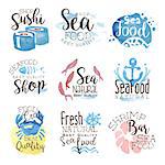 Seafood Cafe Promo Signs Colorful Set Of Watercolor Stylized Logo With Text On White Background
