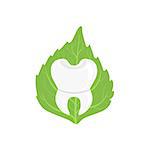White Healthy Tooth With Roots With Green Leaf On Background Dental Care Symbol Simple Design Illustration In Cute Fun Cartoon Style Isolated On White Background