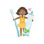 Girl Holding Giant Toothpaste Tube And Toothbrush Simple Design Illustration In Cute Fun Cartoon Style Isolated On White Background