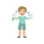 Boy Holding Big Toothpaste Tube And Mouthwash Bottle Simple Design Illustration In Cute Fun Cartoon Style Isolated On White Background