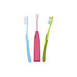 Three Different Kind And Color Of Toothbrushes Simple Design Illustration In Cute Fun Cartoon Style Isolated On White Background