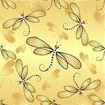 Seamless pattern with gold gradient dragonflies on a gold background, vector