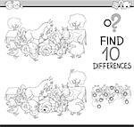 Black and White Cartoon Illustration of Finding Differences Educational Activity Task for Kids with Farm Animal Characters Coloring Book