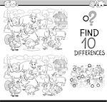 Black and White Cartoon Illustration of Finding Differences Educational Activity Game for Children with Farm Animal Characters Coloring Book