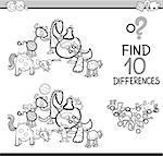 Black and White Cartoon Illustration of Finding Differences Educational Activity Game for Children with Fantasy Characters Coloring Book