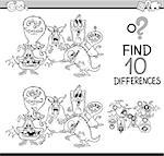 Black and White Cartoon Illustration of Finding Differences Educational Activity Game for Children with Fantasy Monster Characters Coloring Book