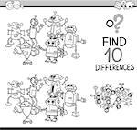 Black and White Cartoon Illustration of Finding Differences Educational Activity Game for Children with Robots Fantasy Characters Coloring Book