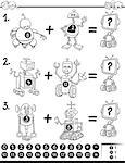 Black and White Cartoon Illustration of Educational Mathematical Activity Task for Children with Robots Coloring Book