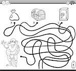 Black and White Cartoon Illustration of Educational Paths or Maze Puzzle Activity with Pirate Character and Treasures Coloring Book