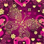 Valentine seamless purple pattern with gold lace butterfly and hearts (vector)