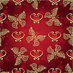 Valentine seamless dark red pattern with gold and gradient butterflies and hearts (vector)