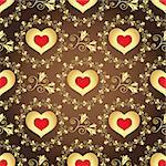 Valentine seamless brown pattern with gold  flowers and hearts (vector)