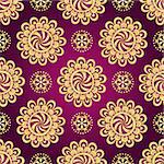 Vintage dark purple seamless pattern with gradient golden circles, vector
