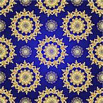 Vintage blue seamless pattern with gradient golden flowers, vector