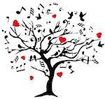 vector illustration of a music tree with notes, hearts, birds