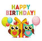 Cute Owl Happy Birthday Background with Gift Box, Balloons and Place for Your Text Vector Illustration EPS10