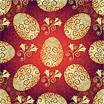 Bright red pattern with Easter golden eggs and flowers, vector EPS10