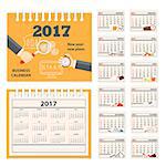 Business calendar for desk on 2017 year. Set of the 12 month isolated pages with business icons and full calendar with image on the cover. Week starts on Sunday. eps 10