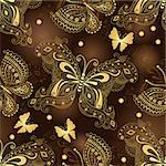 Seamless dark brown pattern with gold butterflies and glowing spots, vector