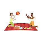 Couple Playing Ball On Picnic Bright Color Cartoon Simple Style Flat Vector Clipart Isolated Illustration