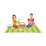 Couple On Picnic With Football Ball Bright Color Cartoon Simple Style Flat Vector Clipart Isolated Illustration
