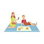 Couple Having Burgers On Picnic Bright Color Cartoon Simple Style Flat Vector Clipart Isolated Illustration