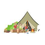 Friends Sitting On The Log Next To Bonfire In Camp Simple Childish Flat Colorful Illustration On White Background