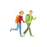 Young Couple Hiking Holding Hands Simple Childish Flat Colorful Illustration On White Background