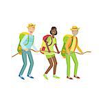 Thee Hikers Holding To The Rope Simple Childish Flat Colorful Illustration On White Background