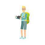 Man With The Camera And Backpack Simple Childish Flat Colorful Illustration On White Background