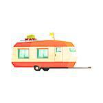 Big Family Travelling Trailer. Cool Colorful Vector Illustration In Stylized Geometric Cartoon Design On White Background