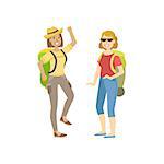 Two Women Going For A Hike With Backpacks Simple Childish Flat Colorful Illustration On White Background