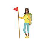 Woman With The Flag And Backpack Simple Childish Flat Colorful Illustration On White Background