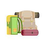 Backpacks And Rolled Camping Matrass Simple Childish Flat Colorful Illustration On White Background