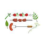 Set Of Food Ready For Barbeque Picnic Simple Childish Flat Colorful Illustration On White Background