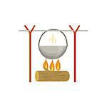 Pot Warming Up On Camp Fire Flat Vector Illustration Isolated On White Background