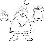 Black and White Cartoon Illustration of Santa Claus with Present on Christmas Time Coloring Book