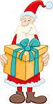 Cartoon Illustration of Santa Claus with Big Christmas Present