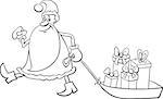 Black and White Cartoon Illustration of Santa Claus Christmas Presents on the Sledge Coloring Book