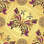 Seamless gold pattern with vintage butterflies and delicate circles, vector