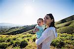 Mother holding young daughter, hiking the Bonneville Shoreline Trail in the Wasatch Foothills above Salt Lake City, Utah