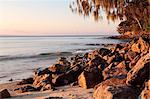 Warm glow of sunset on a boulder-strewn beach on Noosa Heads, the Sunshine Coast, Queensland, Australia