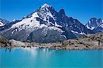 Europe, France, Chamonix. At Lac Blanc with the dramatic backdrop of Les Grands Montets.