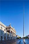 The GPO (General Post Office), scene of the 1916 Easter Rising and the Spire of Dublin monument, in O'Connell Street, Dublin, Ireland.