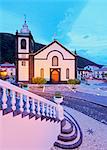 Portugal, Azores, Sao Jorge, Velas, Main Church of Santa Catarina at dusk.