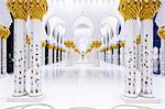 United Arab Emirates, Abu Dhabi. The beautiful date palm-styled column capitals of Sheikh Zayed Grand Mosque. Completed in 2007 the mosque comprises 1096 of these arcade columns.