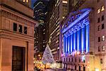 New York Stock Exchange with Christmas tree by night, Wall Street, Lower Manhattan, New York, USA